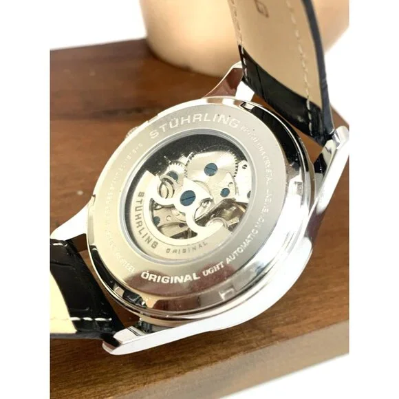 Stuhrling Mens Watch 3942 Automatic Skeleton Dial Silver Black Leather Band 42mm